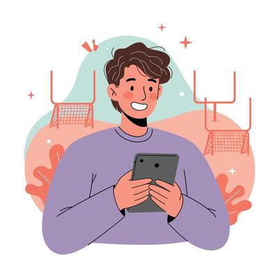 Young man using tablet with football goalposts background digital leisure technology illustration