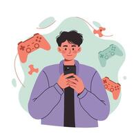 Young man playing mobile phone game with red and green game controllers illustration vector