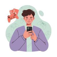 Young man playing mobile games with controllers background illustration in casual style vector