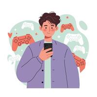 Young man holding smartphone with colorful game controllers floating around in illustration vector