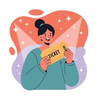 Woman holding ticket with happy expression illustration for entertainment and event participation vector