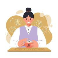 Woman playing board game with dice and joyful expression in casual outfit illustration vector