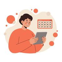 Man playing bingo on tablet with bingo card numbers in background illustration design vector