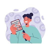 Woman playing bingo holding card and marker in casual setting with joyful expression illustration vector