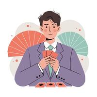 Man in Suit Playing Card Game Holding Cards in Hand with Fans in Background Illustration vector