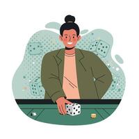 Woman playing dice game at green table with smiling expression in casual outfit illustration vector