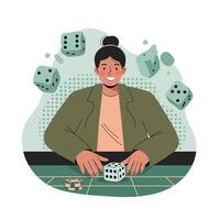 Woman playing dice game with green dice and chips on table in casual jacket smiling happily vector