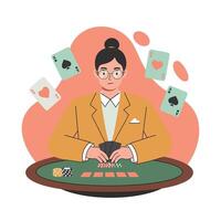 Woman playing poker card game with chips and cards on table illustration in orange and green color scheme vector