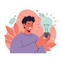 Man holding glowing light bulb symbolizing idea and creativity with abstract background illustration vector