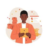 Young man analyzing financial data on tablet with money stacks and charts illustration vector