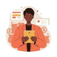 Businessperson analyzing financial data with tablet surrounded by money and charts for modern finance concepts vector