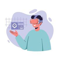 Person wearing virtual reality headset exploring digital interface in futuristic technology environment vector