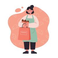 Woman holding paper bag with bread in apron bakery illustration with croissant background vector