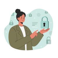 Woman demonstrating digital security concept with floating padlock icon in green background illustration vector