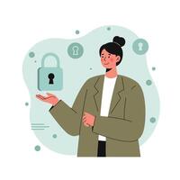 Woman presenting security concept with lock and keyhole icons in modern flat design illustration vector