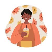 Smiling person holding cold drink cup with straw in colorful fruit patterned background illustration vector