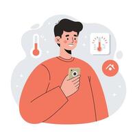 Young man using smartphone for temperature control with home and thermometer icons illustration vector