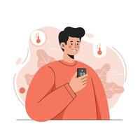 Young man using smartphone for temperature check with stylized thermometers and warm tones illustration vector