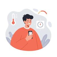 Young man using smartphone to monitor temperature and time with red sweater in digital health concept illustration vector