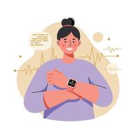 Woman checking smart watch with health data and pulse monitoring technology illustration in purple outfit vector