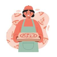 Pizza delivery person holding pizza box with slices background in casual uniform illustration vector
