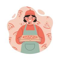 Pizza delivery person holding pizza box in uniform with background of pizza slices illustration vector