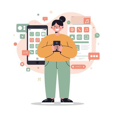 Young woman using smartphone with app icons and social media notifications in casual outfit illustration