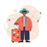 Traveler with suitcase and hat preparing for trip with airplanes flying in background illustration vector
