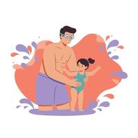 Father teaching toddler girl to swim in pool with splashing water and summer fun activity illustration vector