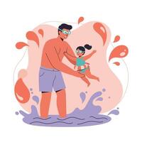 Father and daughter playing together at water splash pool enjoying summer fun and family bonding time vector