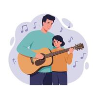 Father teaching son to play guitar music notes background illustration vector