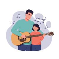 Man teaching child how to play acoustic guitar with musical notes around in illustration vector