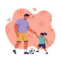 Father and daughter playing soccer together in a playful outdoor setting with soccer ball and patterned background vector
