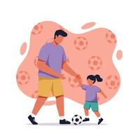 Father and Daughter Playing Soccer Together in Casual Clothes on Patterned Background Illustration vector