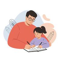 Father and daughter doing homework together with pencils and books in background illustration vector