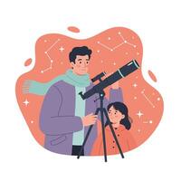 Man and girl using telescope for stargazing with constellations background illustration vector
