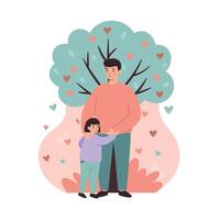 Father and daughter hugging with heart shapes and stylized tree background in warm pastel colors illustration vector