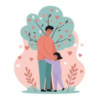 Father and daughter hugging under tree with heart shapes in pastel colors illustration vector