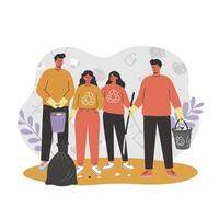 Diverse group of people volunteering for environmental cleanup with recycling symbols and trash collection tools in illustration vector