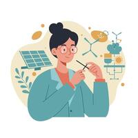 Female scientist studying renewable energy and molecular science with solar panel and technology icons illustration vector