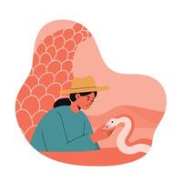 Woman in hat interacting with white snake in stylized abstract background illustration vector