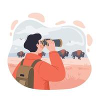 Man observing bison with binoculars in open field wildlife exploration nature adventure vector
