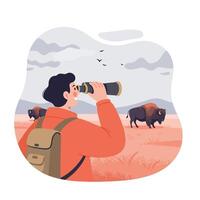 Wildlife observer watching bison in grassland with binoculars during cloudy weather natural scene vector