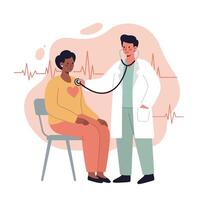 Doctor examining patient with stethoscope for heart checkup in medical consultation setting illustration vector