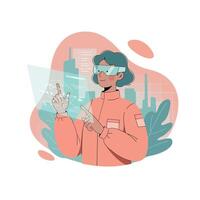 Woman using augmented reality glasses controlling virtual interface in futuristic city technology environment illustration vector