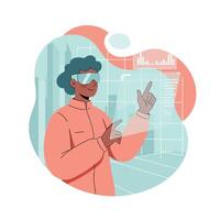 Young woman using futuristic augmented reality interface with data charts and graphs technology concept vector