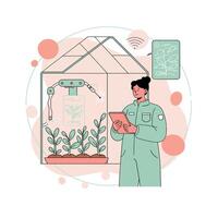 Scientist monitoring automated plant growth system with tablet in smart greenhouse technology illustration vector