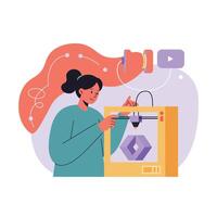 Woman Using 3D Printer for Creative Design and Digital Making Technology Illustration vector