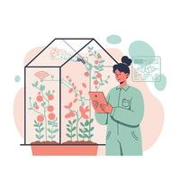 Woman monitoring smart greenhouse plants using digital tablet with automated watering system illustration vector
