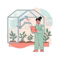 Female Agricultural Scientist Using Robotic Automation in Greenhouse for Plant Research and Monitoring vector